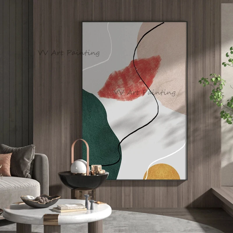 New Arrival Hand Painted Abstract Geometric Oil Painting Impasto Color Block Line Wabi Sabi Original Vertical Canvas Artwork