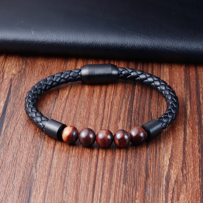 Charm Rope Stainless Steel Magnetic Natural Stone Leather Man Bracelet Beaded Braclet Volcanic Stone bracelet bangles Chain Gift