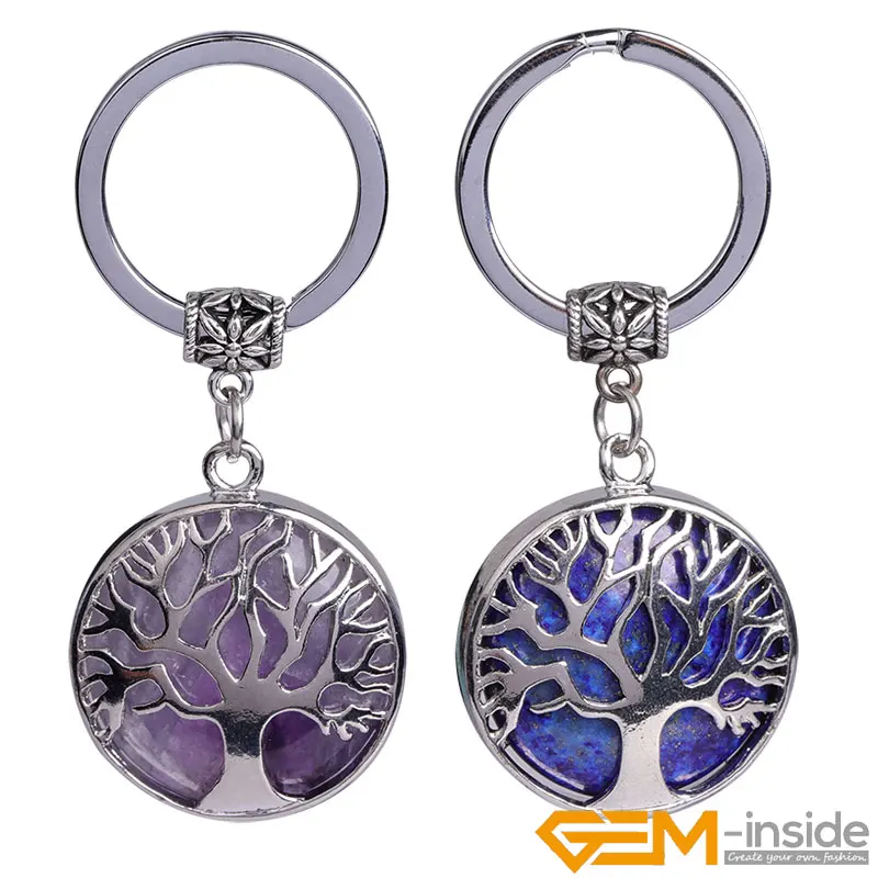 Natural Stone Keychains Silver Color Tree of Life Keyring Healing Crystals Car Bag Wallet Decor Keyholder For Women Men Gifts