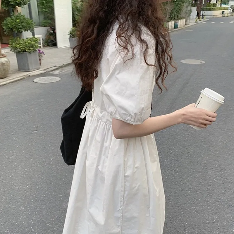 Short Sleeve White Long Dress Summer Loose Women Party Dress Vintage Chic Square Collar Fashion Elegant Dresses Robes 14074