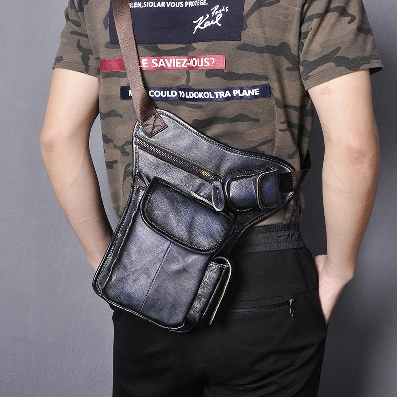 Hot Sale Crazy Horse Quality Leather Design men vintage Small Belt Messenger Bag Fanny Waist Pack Drop Leg Bag Pouch 3106
