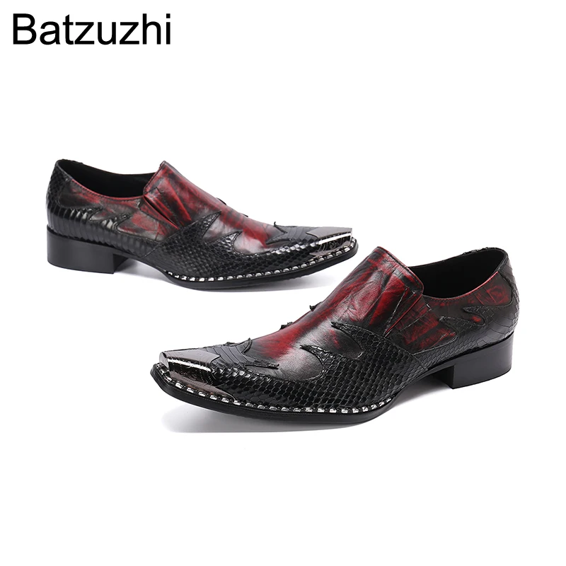 Batzuzhi Italian Style Fashion Men\'s Leather Shoes Pointed Metal Toe Wine Red Formal Business Dress Shoes Men for Party /Wedding