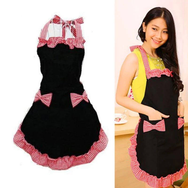 Cute Apron Retro Bowknot Plaid Ruffle Side Cooking Aprons With Pockets For Women Girls Adult Bibs Kitchen Coffee Shop Aprons