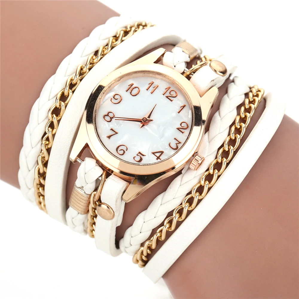 

PU Leather Strap Bracelet Braided Winding Wrap Quartz WristWatch Fashion Casual Women Rhinestone Bracelet Watch Relogio Feminino