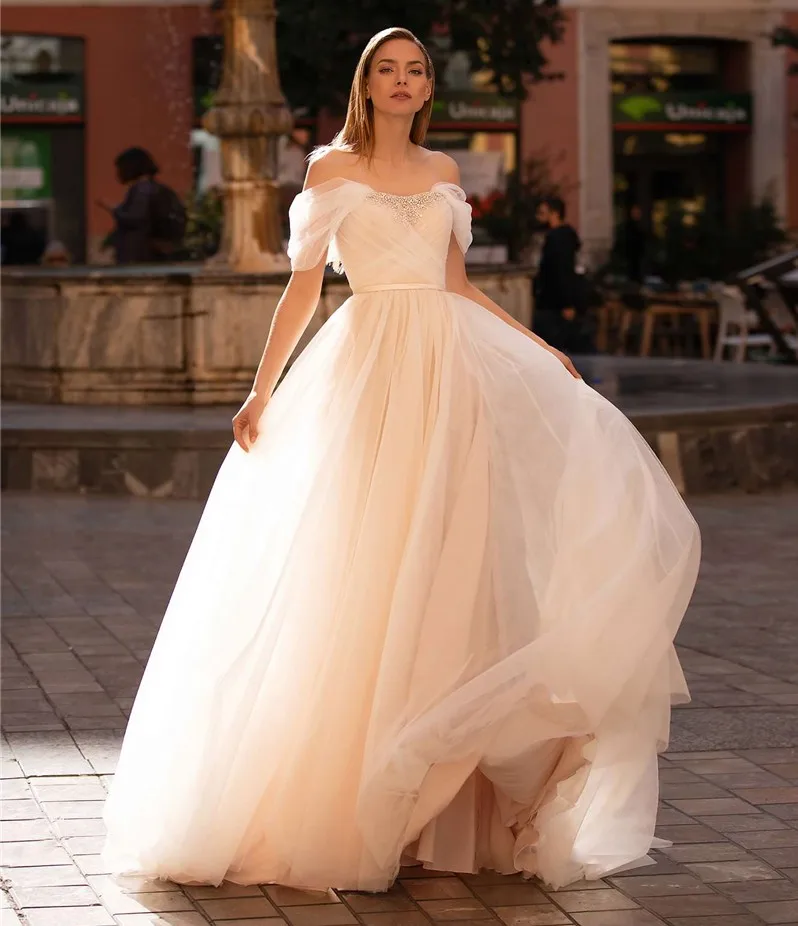 Abiti da sposa Champagne Plus Size 2020 perline con spalle scoperte abiti da sposa in Tulle con lacci abito da festa principessa abiti da noiva