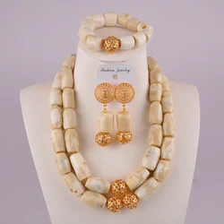 Bride Wedding Jewelry Bead Necklace Bracelet Earrings African Bead Set White Natural Coral Nigeria Jewelry Set AU-39