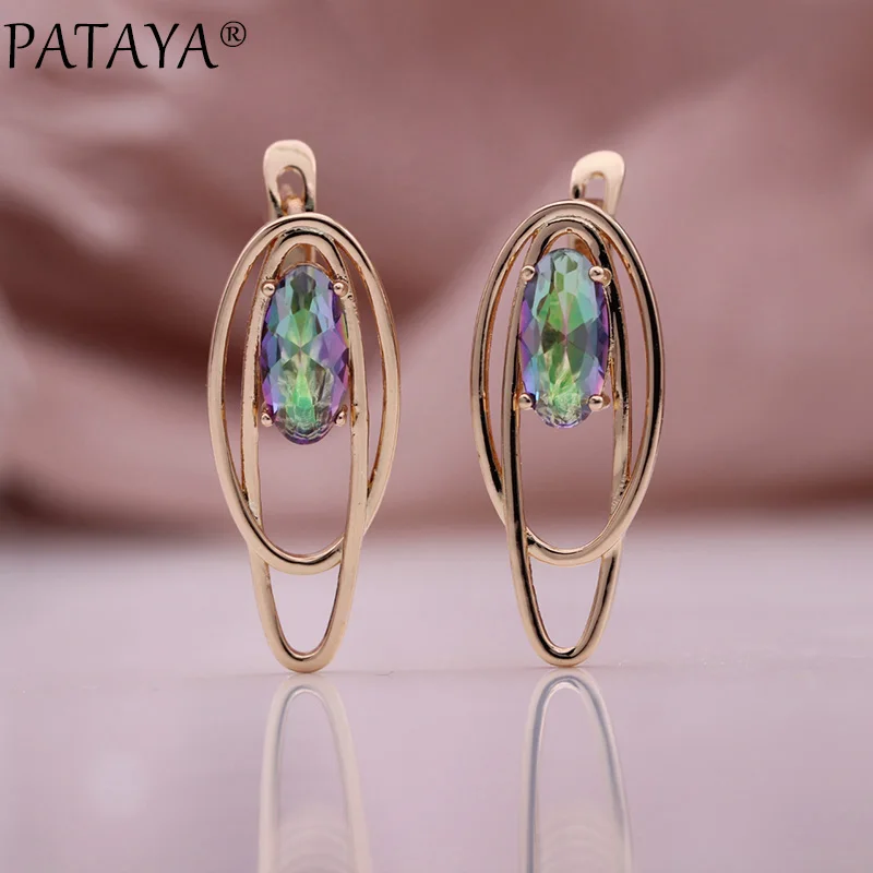 PATAYA New Oval Colorful Natural Zircon Drop Earrings Women Wedding Creative Fashion Jewelry 585 Rose Gold Color Hollow Earrings