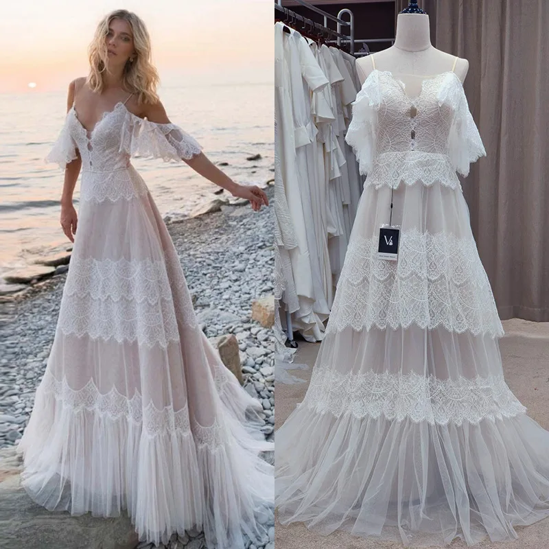 

VENSANAC Boho Short Cap Sleeve A Line Wedding Dresses Bohemian V Neck Lace Appliques Sweep Train Bridal Gowns