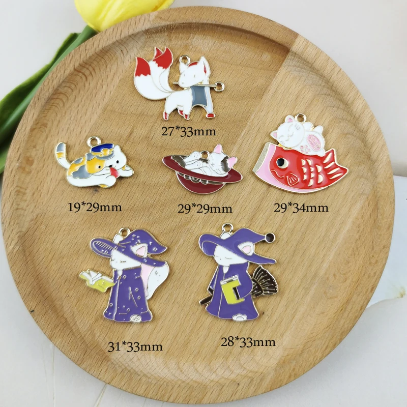 10pcs/pack Witch Cats Fox Enamel Metal Charms Funny Cartoon Animals Earrings Pendants Fit DIY Fashion Jewelry Making Accessory