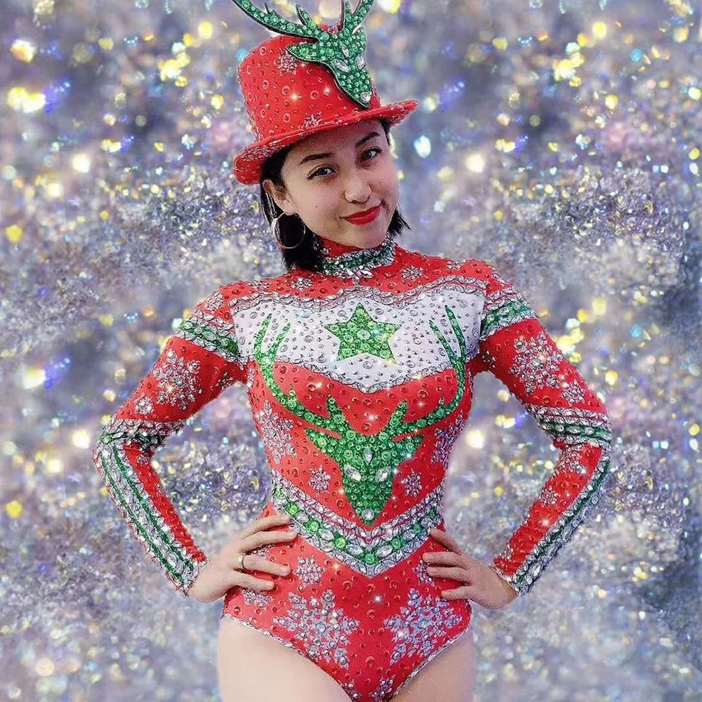 

Sparkling Diamonds Women Long Sleeve Bodysuits Snowflake Elk Print Christmas Costumes Hat Evening Prom Nightclub Birthday Outfit