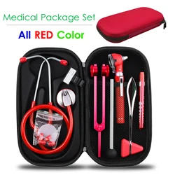 Red Medical Health Monitor Storage Case Accessory Kit and Stethoscope Otoscope Tuning Fork Reflex Hammer LED Penlight Torch Tool