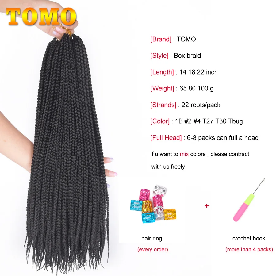 TOMO 3X Box Braids Crochet Hair Extensions 14 18 22 Inch Ombre Black Brown Long Synthetic Crochet Braiding Twist Hair 22 Strands