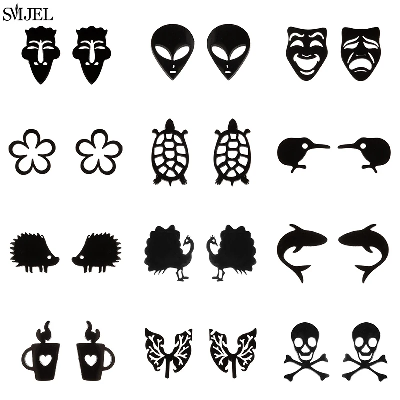 Rock Style Stainless Steel Black Earrings for Women Men Skull Gothic Punk Pendientes Human Face Lighter Shark Stud Earring 2023