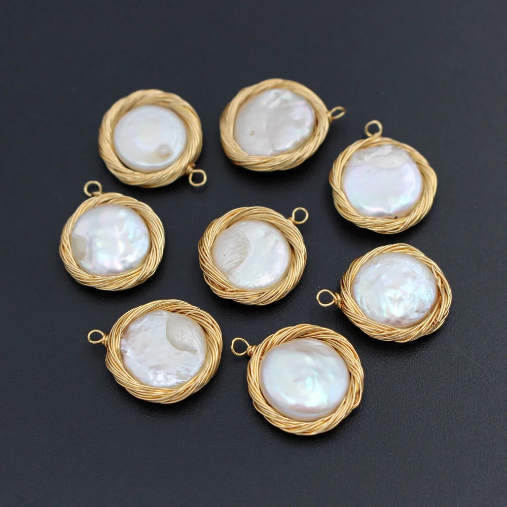 

2pcs Freshwater Baroque Pearl Charms Round Flat Beads Handmade Gold color Wrapped Wired Pearls Pendant