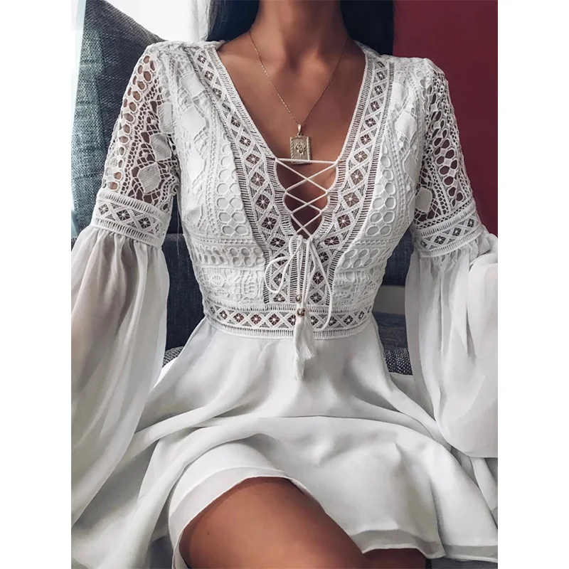 Sex Midi Night Club Dress Lace V-Neck Mini Dress 2020 Summer Flare Sleeve Chiffon Elegant Women Hollow Out Party Dresses