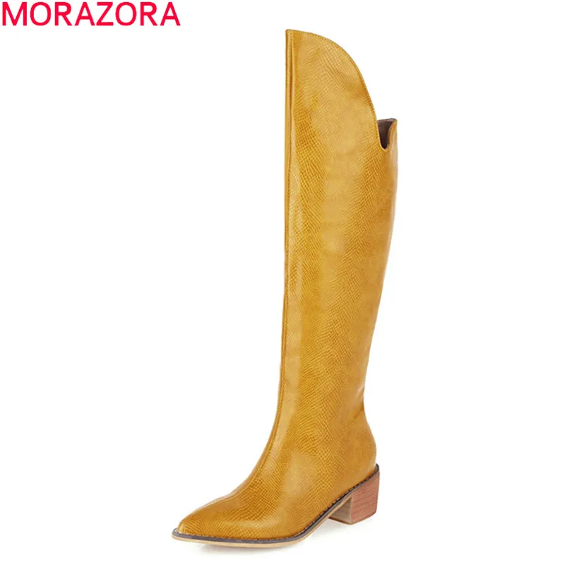 MORAZORA 2022 New arrival knee high boots square heels pointed toe ladies shoes winter solid color women boots black sliver