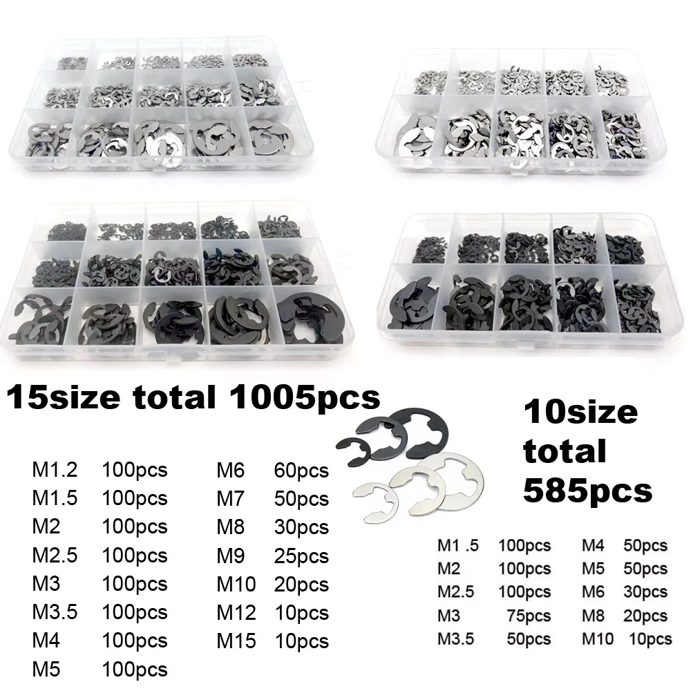 

1005pcs M1.2 to 15mm Assortment Kit Box Set Black 65 Mn 304 Stainless Steel External Retaining Ring E Clip Snap Circlip Washer