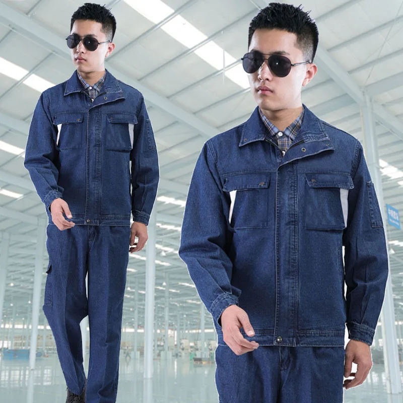 Denim Working Clothes Set Welding Uniform Suit Safety Reflective Strip Auto Repair Workshop Dust Proof Labor Working Coveralls