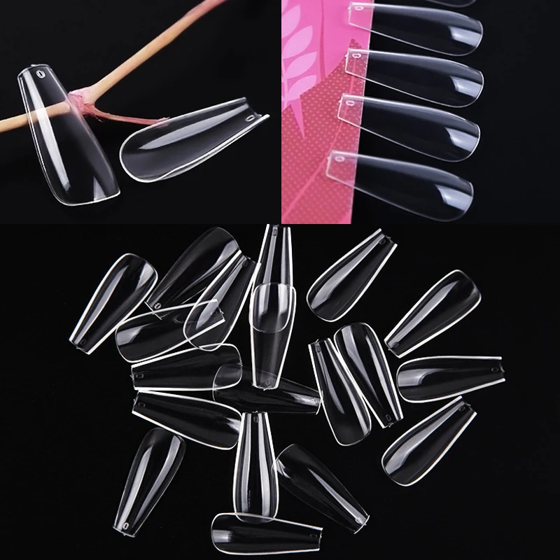 100pc/bag Long Ballerina Coffin Fake Nails Tips Clear Nature Color ABS Full Cover Fasle Nails Manicure Acrylic Nail Art Tools