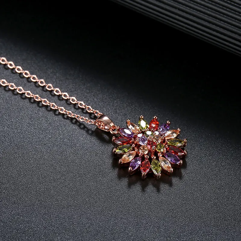 Women\'s Classic Shiny Colorful Zircon Pendant Necklaces Multicolor Flower Rose Gold Charming Necklace Pendants Jewelry Best Gift