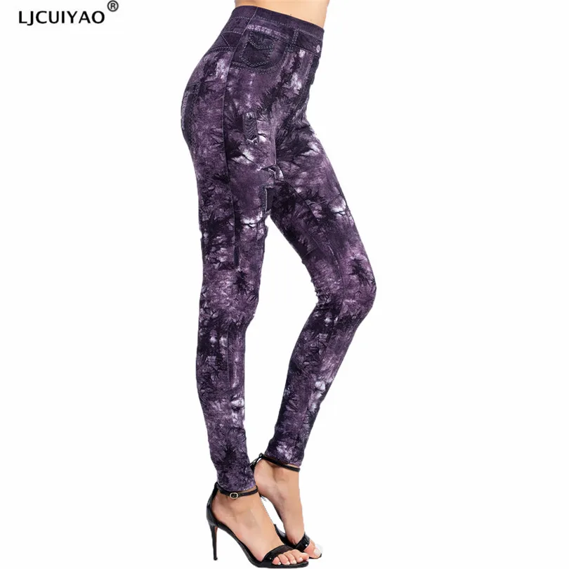 LJCUIYAO Faux Jeans Leggings Women Stretch Leaf Print Pants High Waist Ankle-Length Polyester Breathable Jeggings Dropshipping