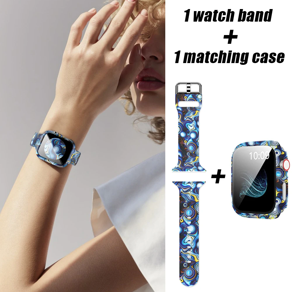 Case+Bands for Apple Watch Band 44mm 40mm 42mm 38mm with Screen Protector Cover, Glass+Silicon Wristband Strap for iwatch 654321