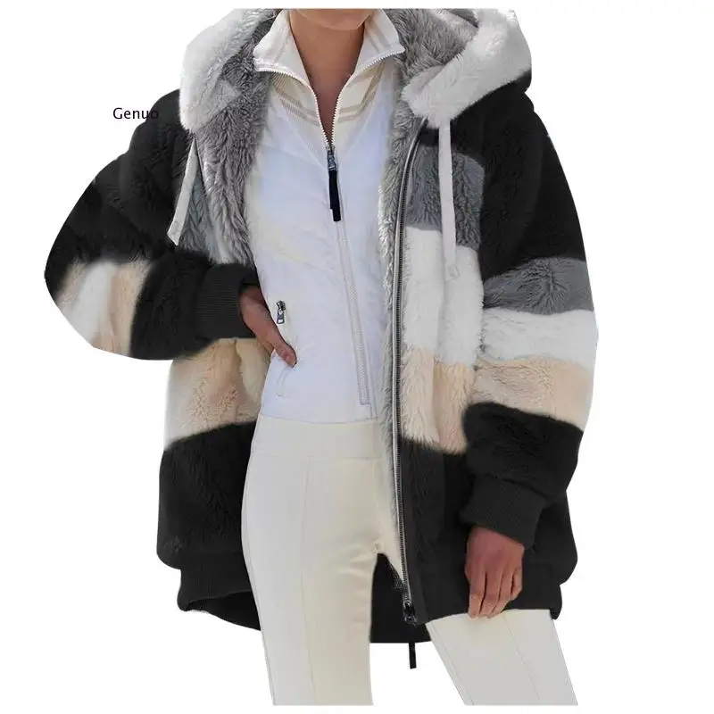 Abrigo a cuadros con capucha y cremallera para mujer, chaqueta de pelo de cordero, moda informal, invierno, 2021