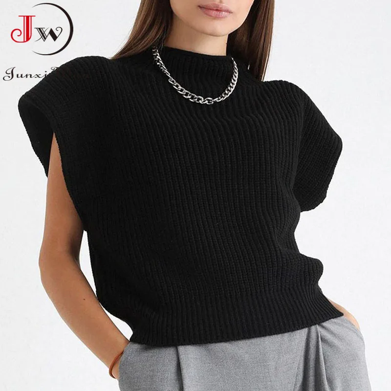 Women Fashion Solid Cropped Knitted Sweater Vest Turtleneck Sleeveless Pullover Solid Chic Tops Jumper