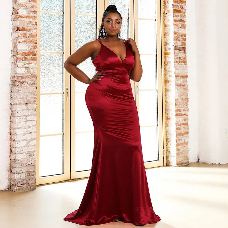 Vrouwen Plus Size Formele Avondjurk V-hals Spaghetti Band Sexy Backless Mouwloze Prom Dress Mermaid Party Dress 2021 Nieuwe