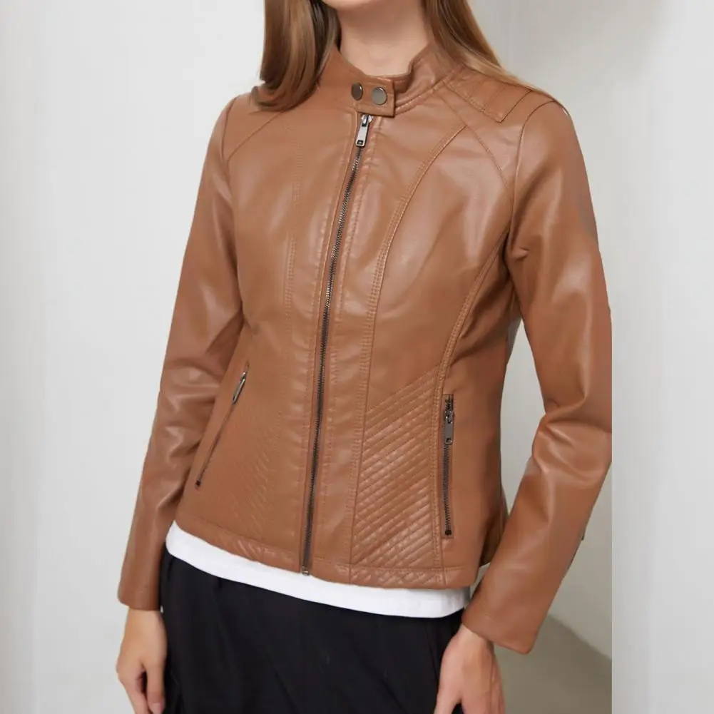 

Overcoat Stand Collar Solid Color Motorcycle Jacket Women Jacket Stylish Women Jacket