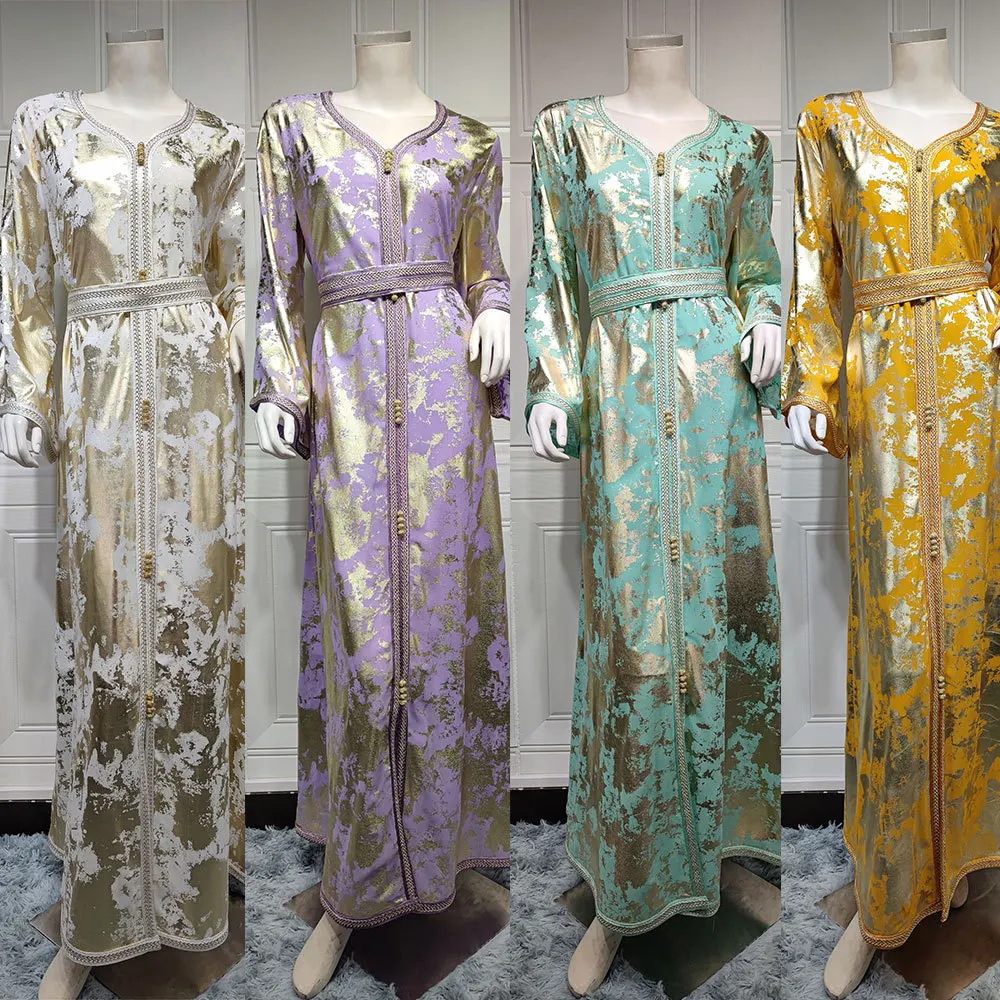 Evening Kaftan Jalabiya Women Gold Stamping Chiffon Muslim Arab Long Dress Moroccan Caftan Party Wedding White Abaya Ramadan