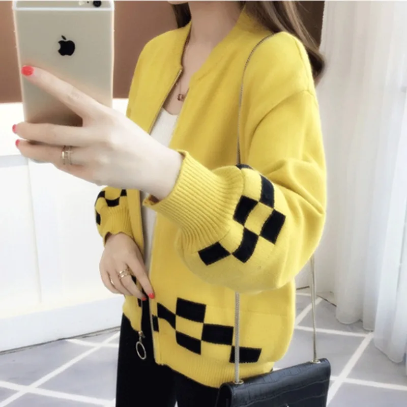 UHYTGF Spring Knit Sweaters Women Korean Loose Big Size Sweater Female Splice Zipper Short Tops Cardigan Autumn Sweater Coat 727