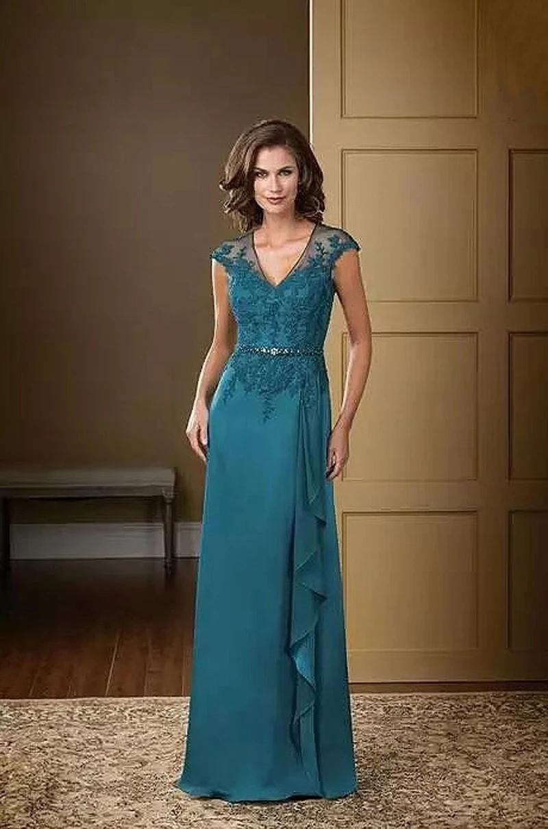 Elegante scollo a V madre della sposa abito manica berretto pavone blu Chiffon Applique festa nuziale ospite madre abito Plus Size 2024