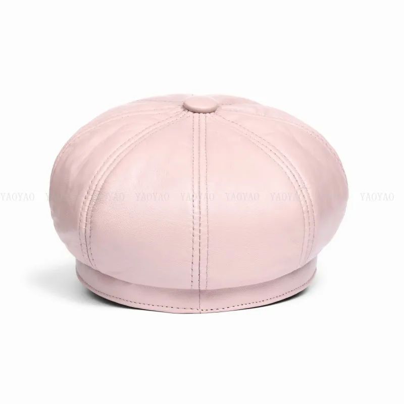 Winter/Spring Women Hat Genuine Leather Short Brim Caps Pink/Blue Dome Beret Hats