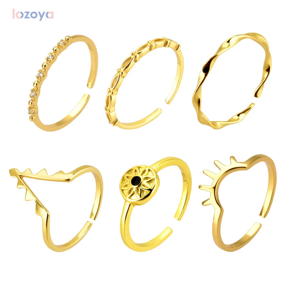 LOZOYA 925 Sterling Jewelry  Party Wedding Silver Multi Resizable Rings Women Luxury Adjutsable Circle Round Rock Punk Jewels