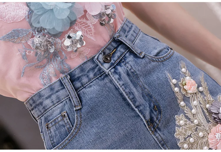 Women Summer 3D Embroidery Flower Set Short Sleeve T Shirt + Denim Skirt 2pcs 2021 New Fashion Women Sets XZ022