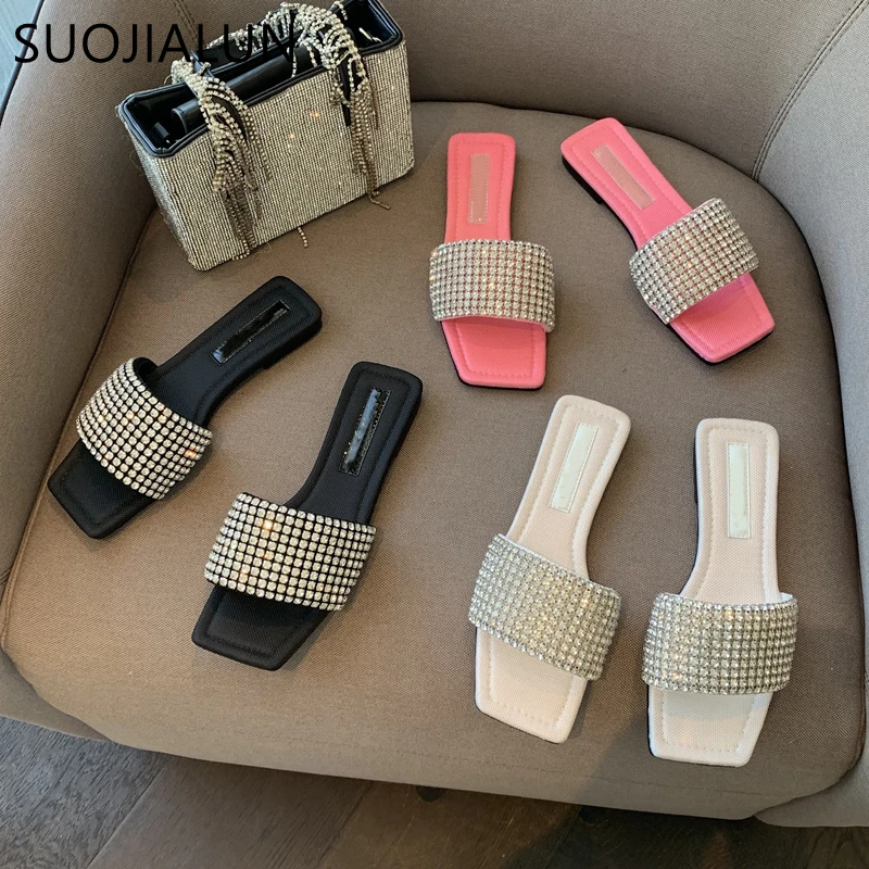 

SUOJIALUN Summer New Brand Women Slipper Fashion Bling Crystal Ladies Beach Flip Flop Shoes Flat Heel Square Toe Slides Sandals