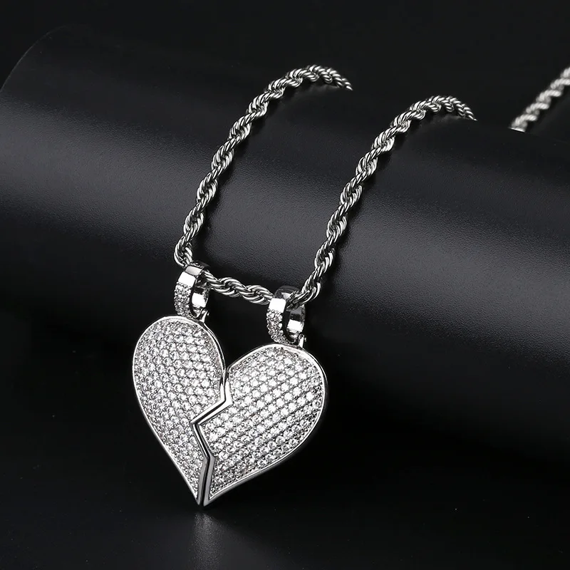 

S925 Sterling Silver Hip Hop AAA CZ Stone Paved Bling Ice Out Solid BFF Heart Pendants Necklaces for Men Rapper Jewelry