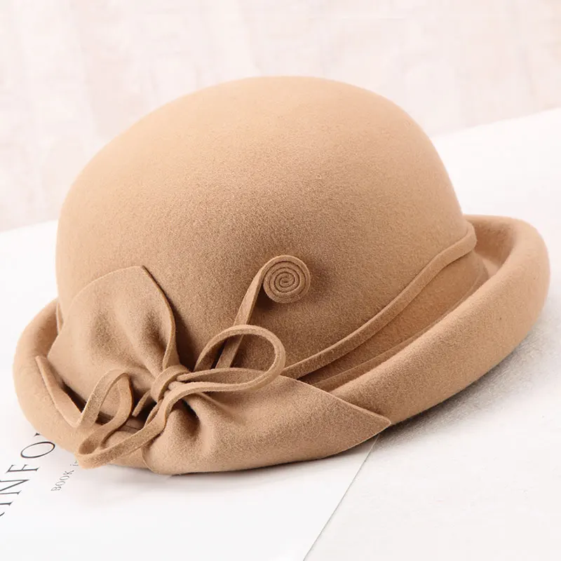 

H274 Autumn Winter Wool Fedoras Hat Women Elegant Fashion Bowknot Retro Basin Cap Ladies Pure Color Curling Church Party Hats