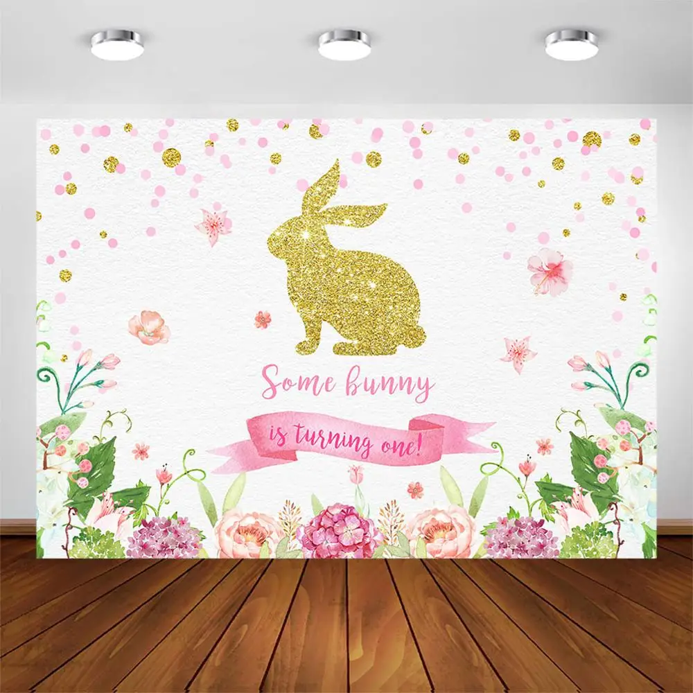 

Bunny 1st Birthday Backdrop for Girls First Birthday Party Background Golden Bunny Pink Dots Easter Bunny Theme Party Banner