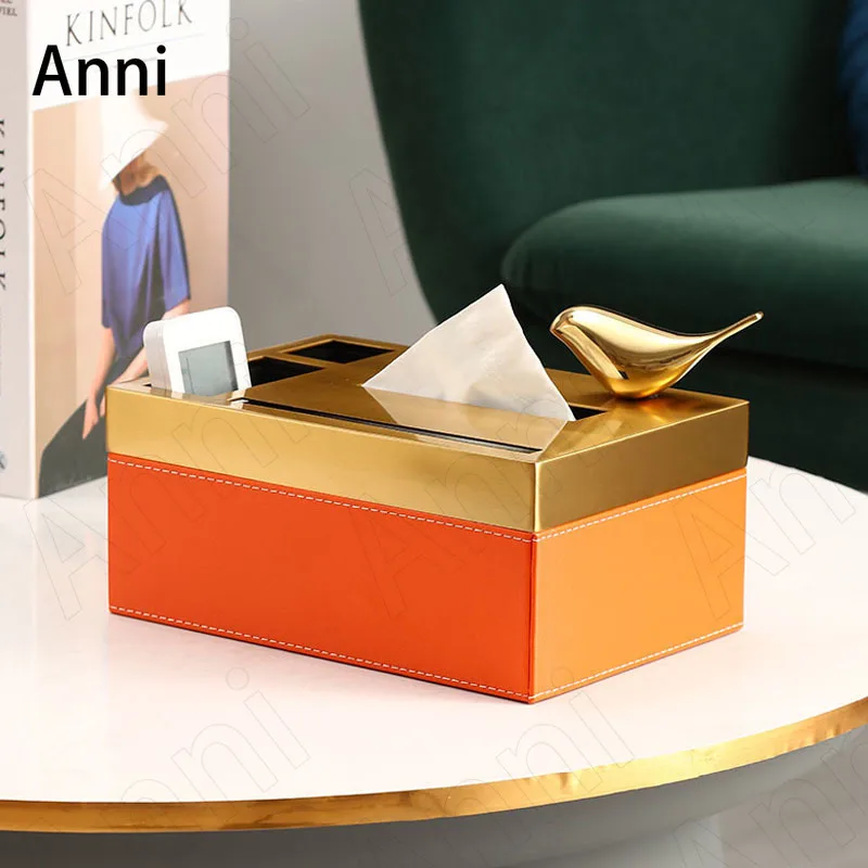 

Gilded Bird Decorative Tissue Boxes Nordic Modern Electroplating Process Leather Paper Towel Organization Living Room Decoration