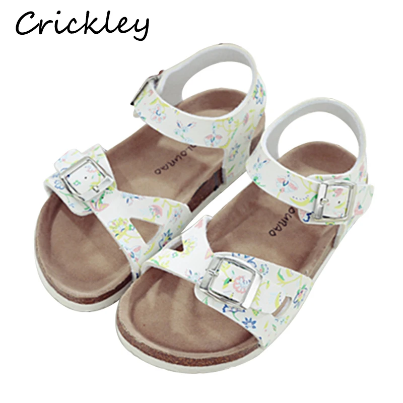 Sandalias de gladiador para niños y niñas, zapatos de playa con tiras estampadas de cuero PU, sandalias romanas de corcho suaves y cómodas, Verano