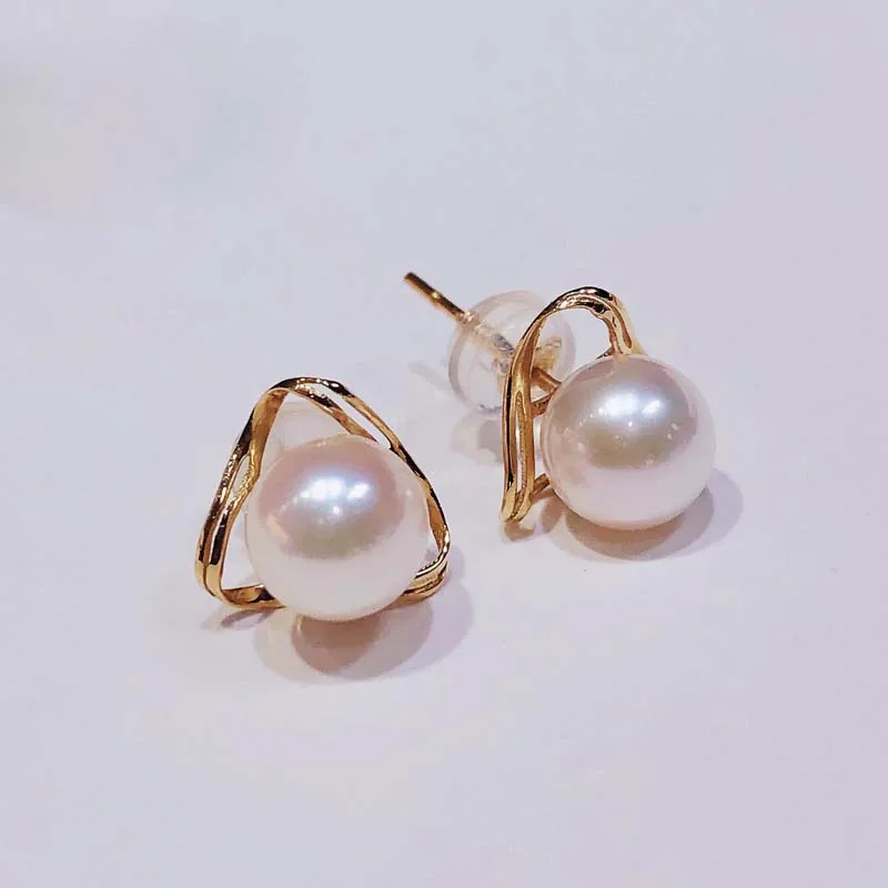 

Prefactly Round Akoya Pearl Earrings For Women,Seawater Pearl Real 18K Gold Stud Earrings Wedding Bride Earrings Jewelry