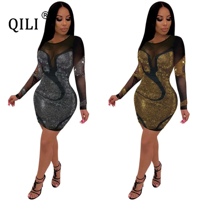 

QILI-Women's Diamonds Long Sleeve Mesh Rhinestone Dress, See Through Bodycon, Mini Party Club Dresses, Sexy