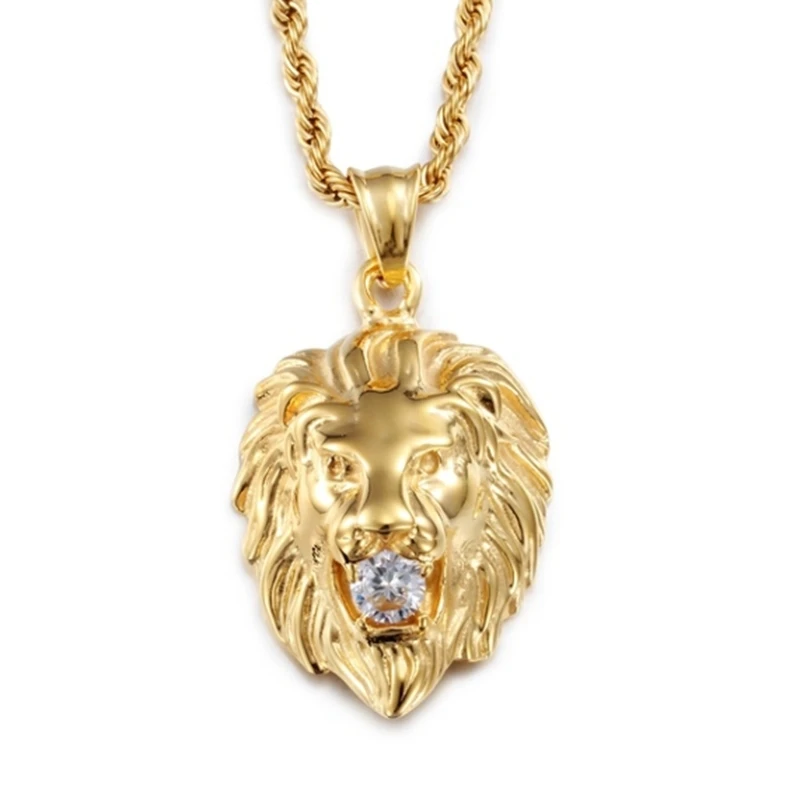 Domineering Lion Head Cubic Zirconia Pendant Necklace for Men Punk Fashion Hip Hop Jewelry Gift