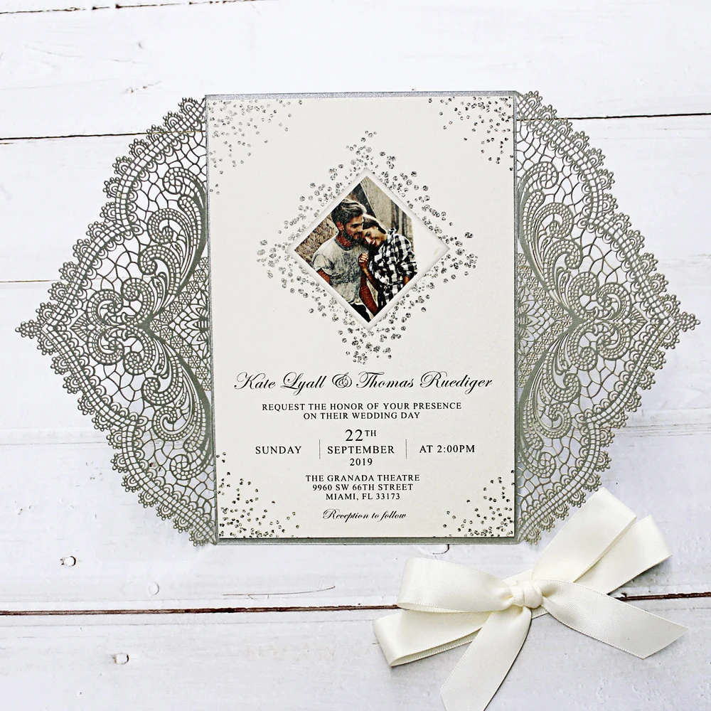 Laser Cut Silver Grey Wedding Invitations with Ribbon Bow - Set of 50pcs