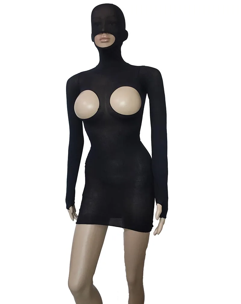 Sexy Women Semi Sheer Cupless Open Butt Micro Mini Dress with Head Enclosure Hood Long Sleeve Bodystockings Bodysuit Lingerie