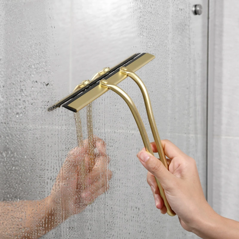 Bathroom Shower Gold Squeegee Wiper with Hooks Nail Free Silicone Squeegee Bathroom For Windows Mirror Tiles Cabinets Glass