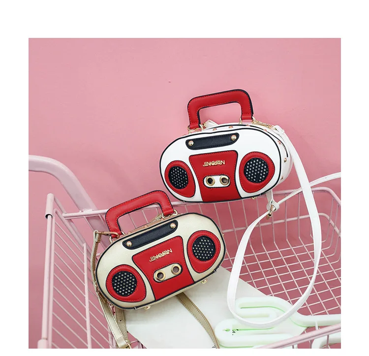 Borsa A Tracolla Vintage A Forma Di Radio Registratore - Pelle PU Con Manico In Metallo - Piccola Scatola Crossbody Rosa - 5