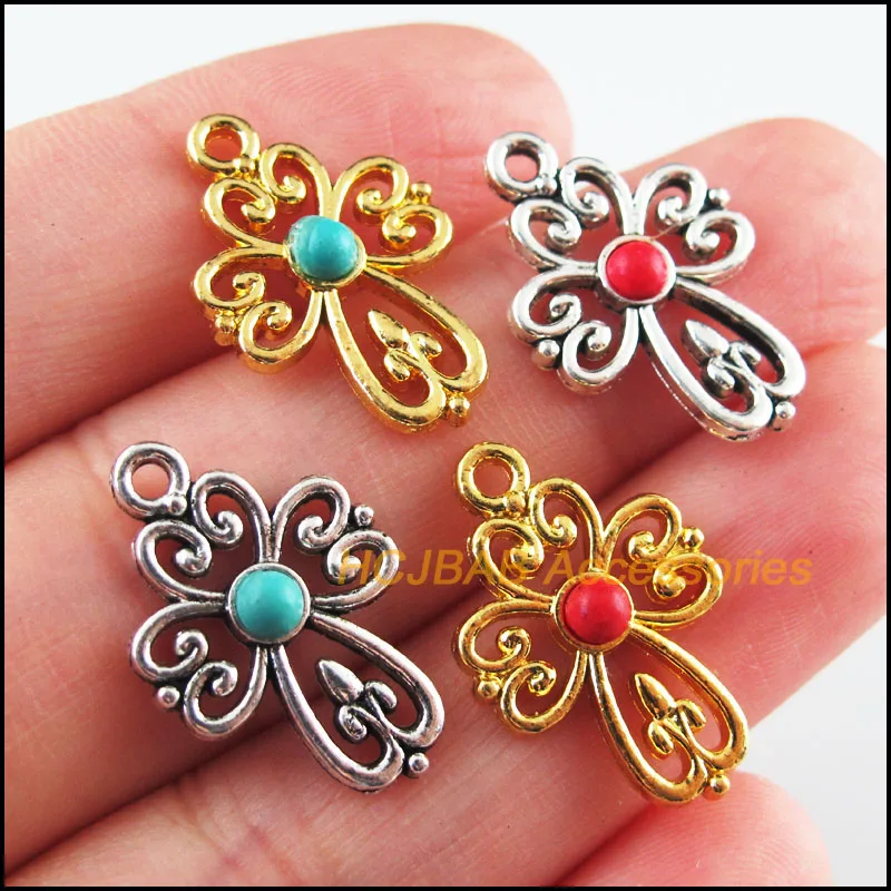 

18Pcs Retro Gold Color Tibetan Silver Tone Heart Cross Blue&Red Stone Charms Pendants 14.5x21.5mm